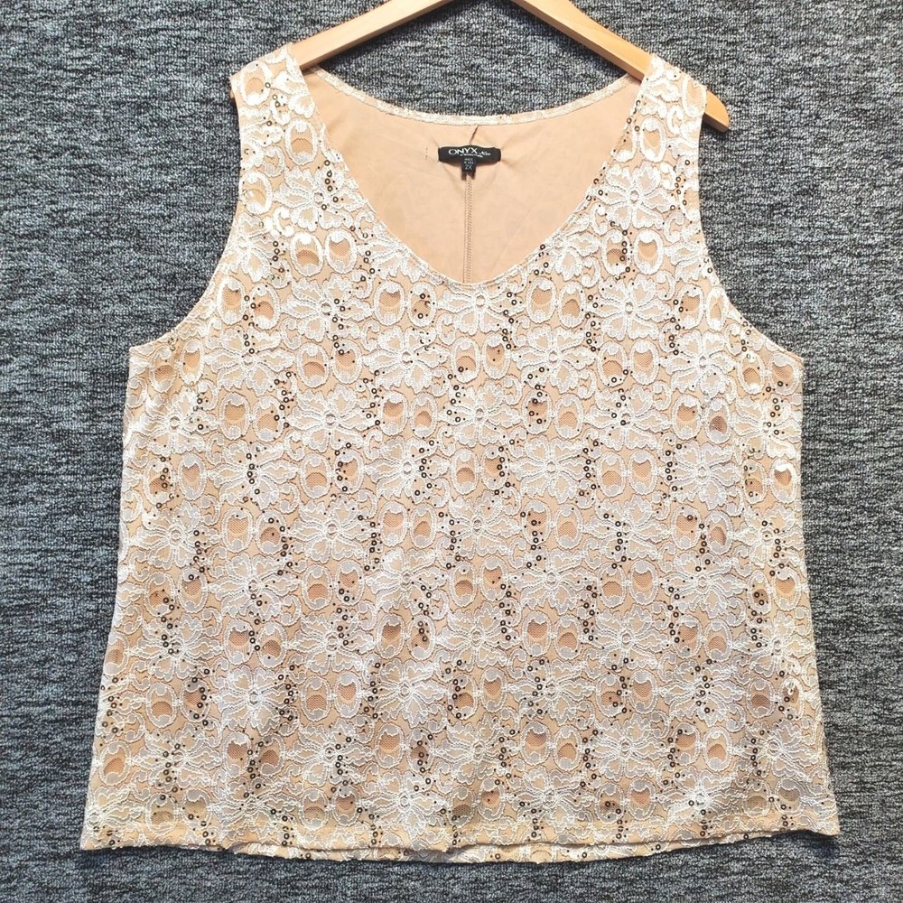 Onyx‎ Nite Tank Top Womens 2X Cream Lace Sequin Sleeveless Party Evening Blouse